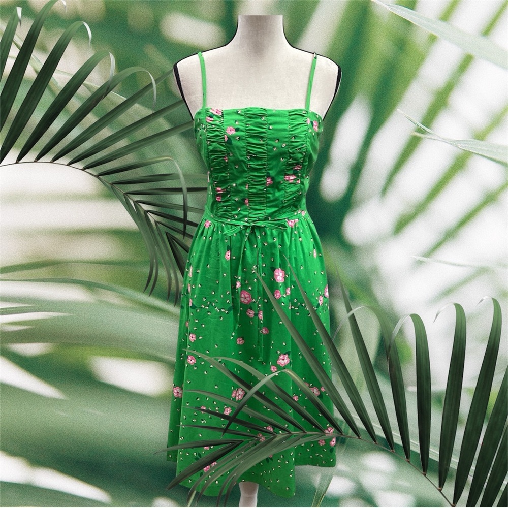 Vintage 1960’s Malia A-line Hawaiian Pink & Green Sundress w/Built in Bra XS 💚🌸